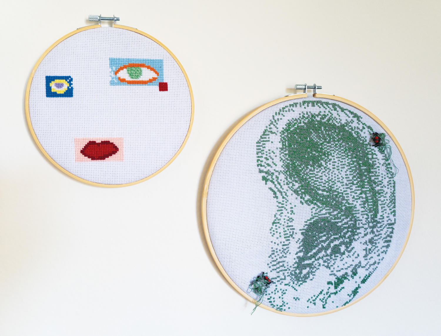 two embroidery hoops, one with stylized eyes and mouth, one with realistic green human ear