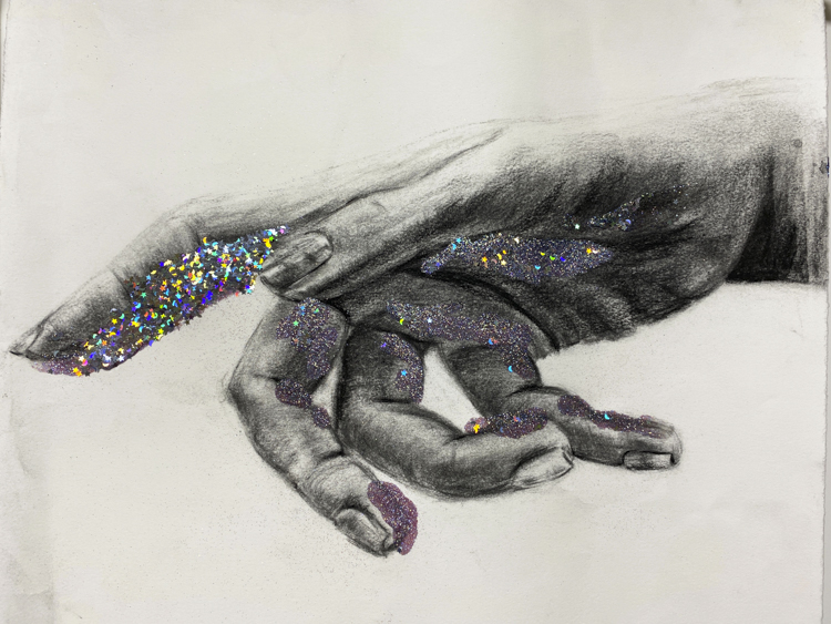 charcoal drawing of hand with rainbow glitter on underside of fingers