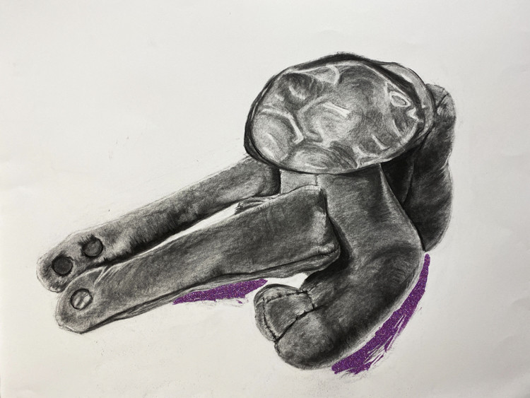 charcoal drawing of object with purple glitter shadow