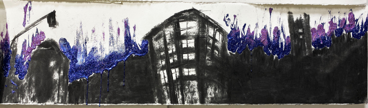 charcoal drawing of buildings with blue and purple glitter background