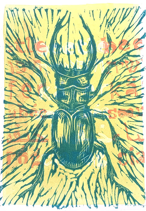 print of stag beetle in blue ink over yellow background with orange and white lettering semi-obscured behind it