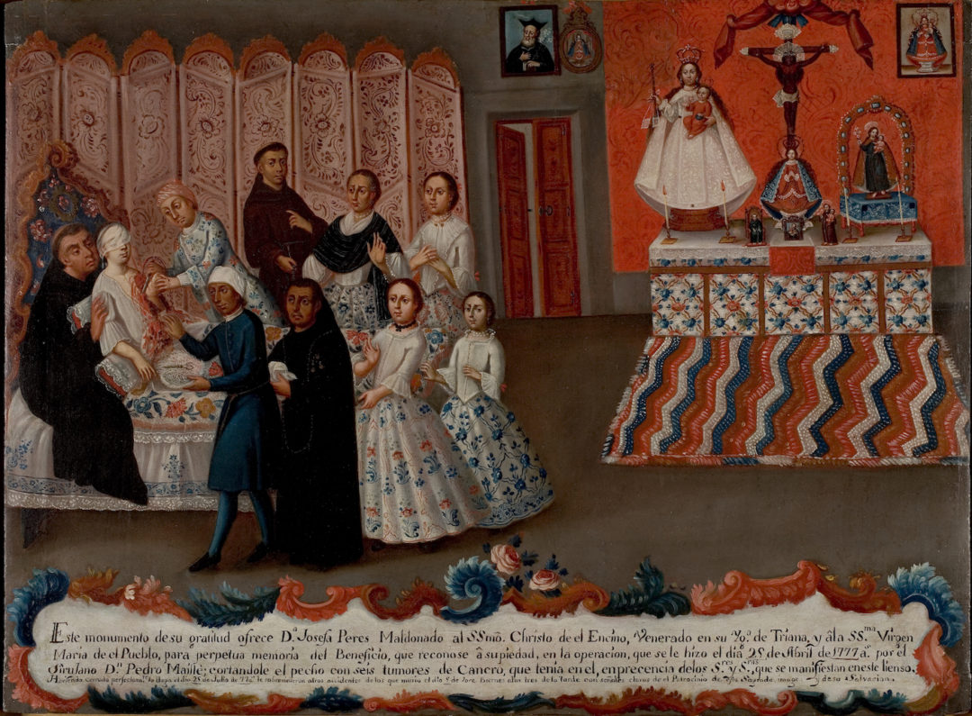 18th century painting, Peres Maldonado Ex-voto, showing medical scene with text near bottom of the composition