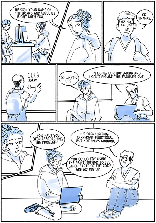 single page from a comic showing one character getting help with computer science homework; black line art on white with light blue shading