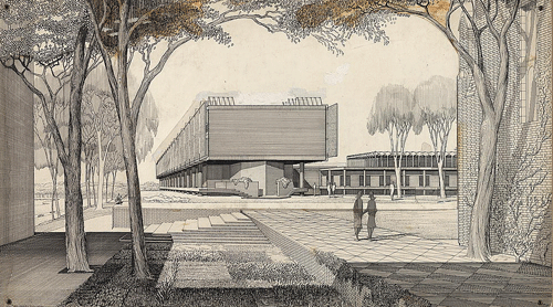 Paul Rudolph ink architectural drawing of the Jewett Arts Center