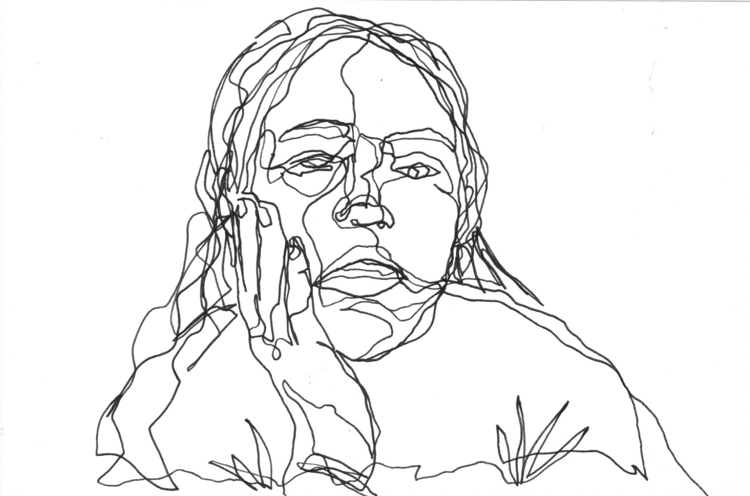 line drawing of a figure resting their face on their hand