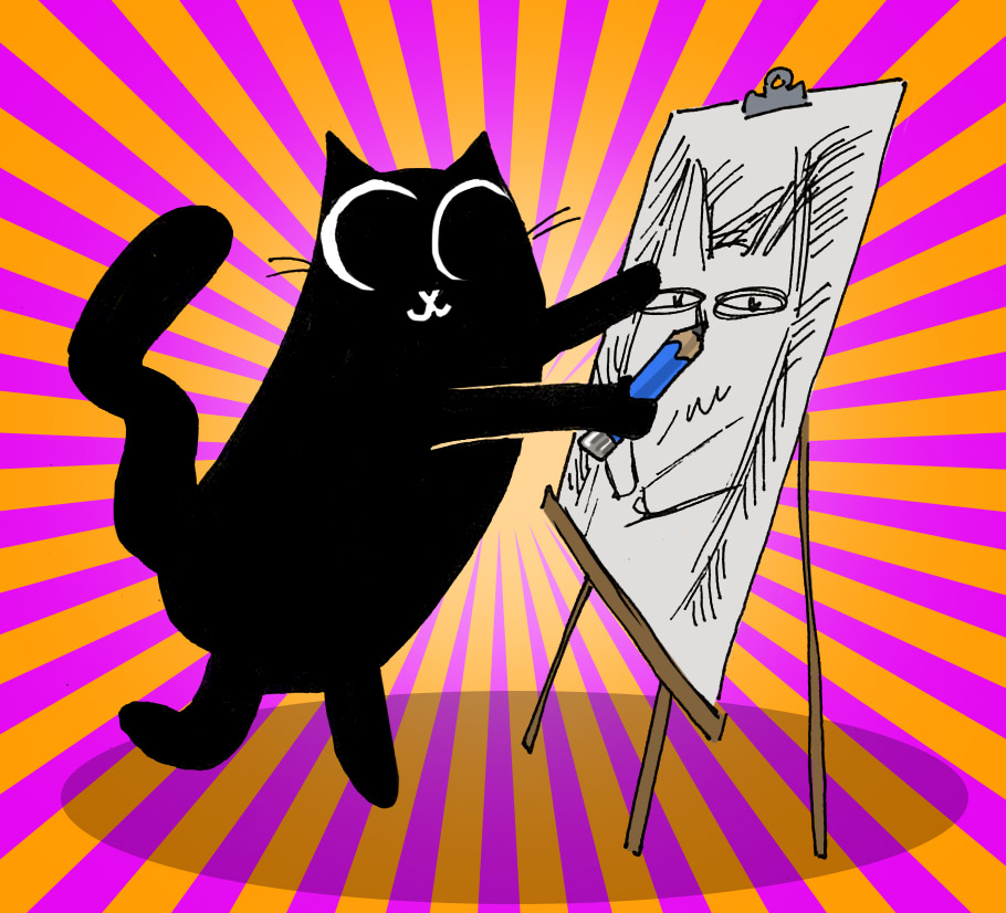 black cartoon cat drawing a sketchy cat at an easel with magenta and orange starburst background