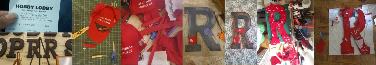 series of photos showing hobby lobby receipt, cut up red hats, hat fabric covering a 3D letter R