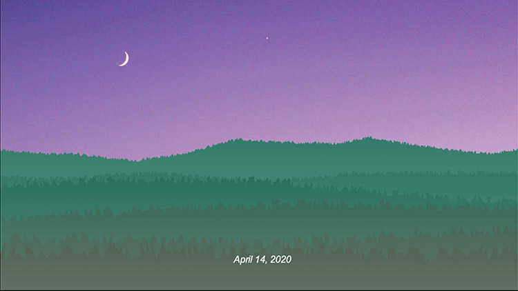 digital landscape with purple gradient sky, crescent moon at left and small white star at center, layers of green hills and grass, white text at bottom center reading "April 14, 2020"