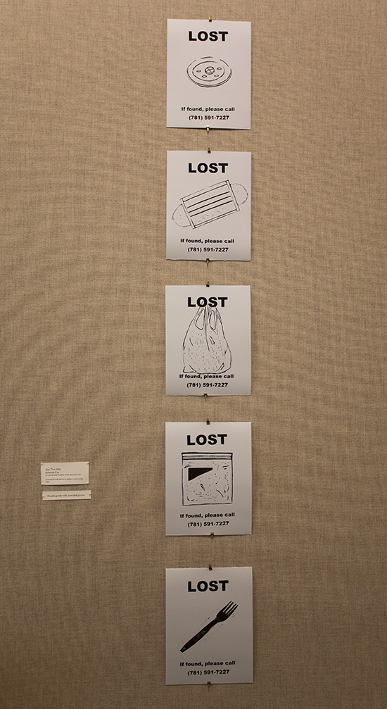 vertical line of 'lost' posters showing various trash items