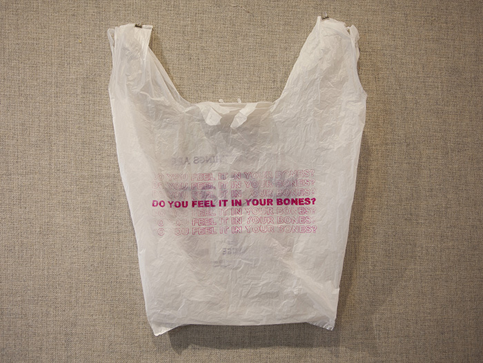 white plastic bag tacked to the wall that has been printed with pink text reading 'DO YOU FEEL IT IN YOUR BONES?'