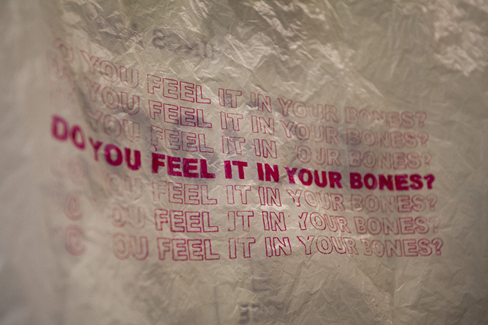 close-up on pink text printed on a plastic bag that reads 'DO YOU FEEL IT IN YOUR BONES?'