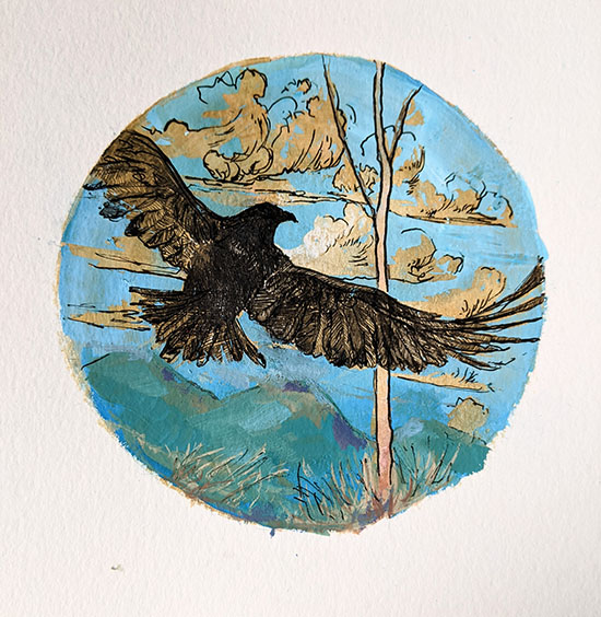 illustration of a black bird flying in front of blue sky with gold leaf clouds