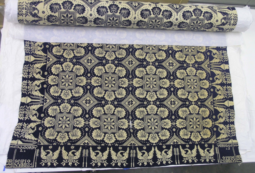 A.A. Gordy, Coverlet, 1834. Wool with cotton warp, 80 in. x 76 in. Gift of Ernestine Beebower Innes (Class of 1933) for her Class and in honor of the Clarence A. Beebower Family, 1973.16.