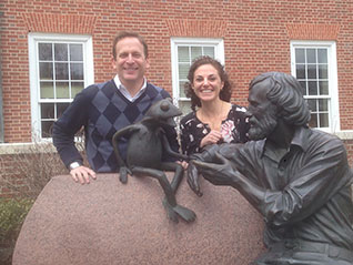 Photo of Levine and Kearney with Jim Hensen, Kermit the Frog Statue