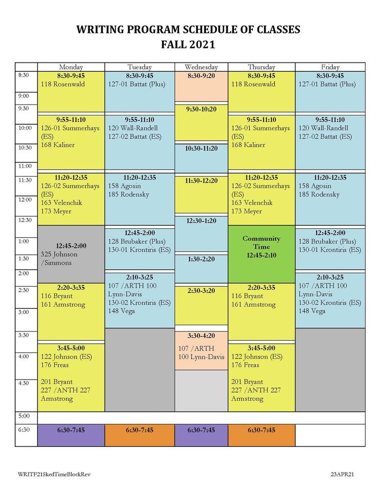 Fall 2021 Class Schedule Wellesley College