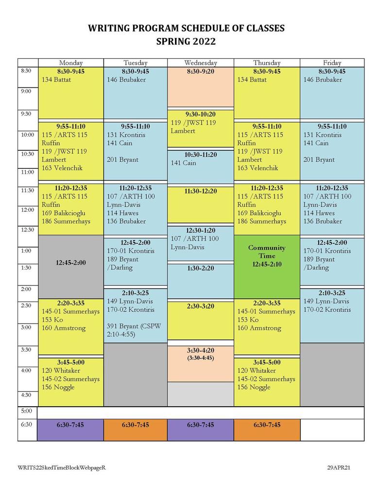 assignment schedule spring 2022