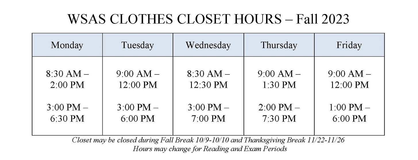 Weekly schedule for the WSAS Clothes Closet