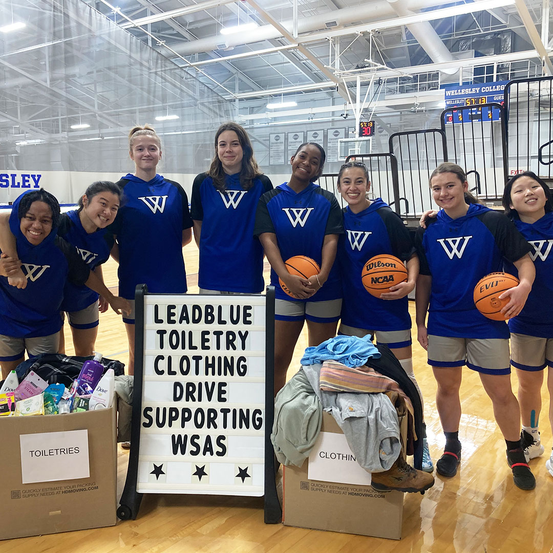 Wellesley students and the items collected as part of LeadBLUE Community Service Challenge