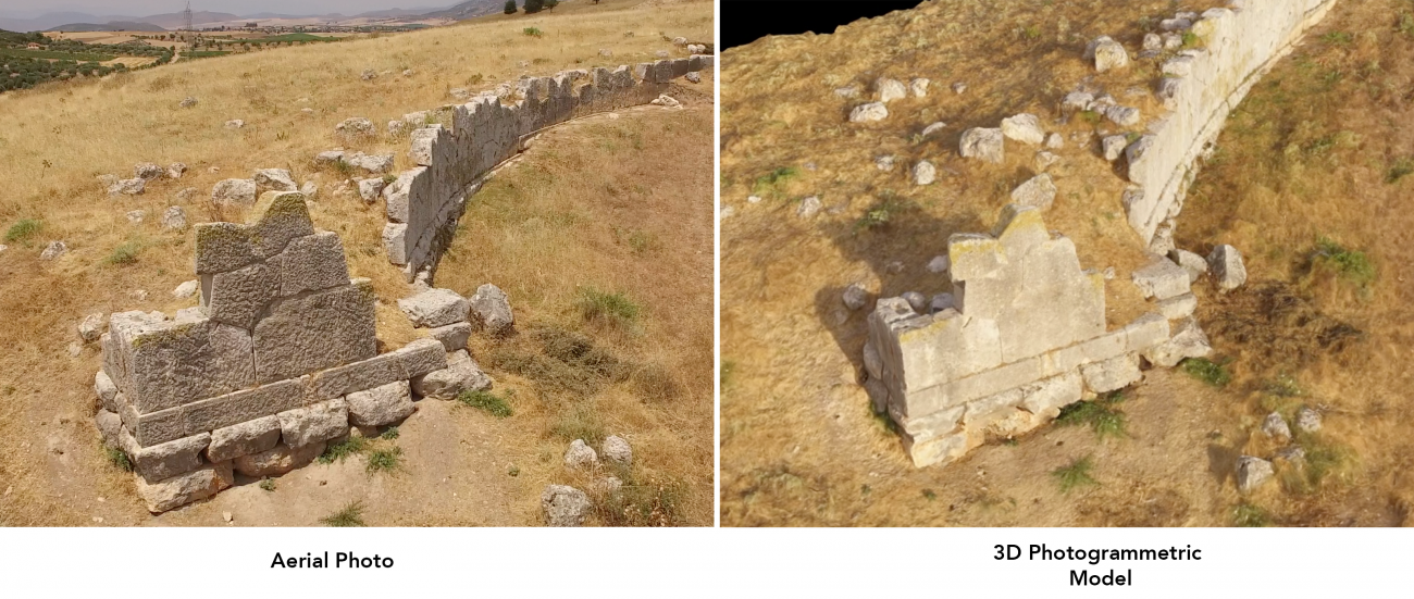 Side-by-side comparison of an aerial photograph of excavation site vs the same excavation site as a 3D photogrammetric model
